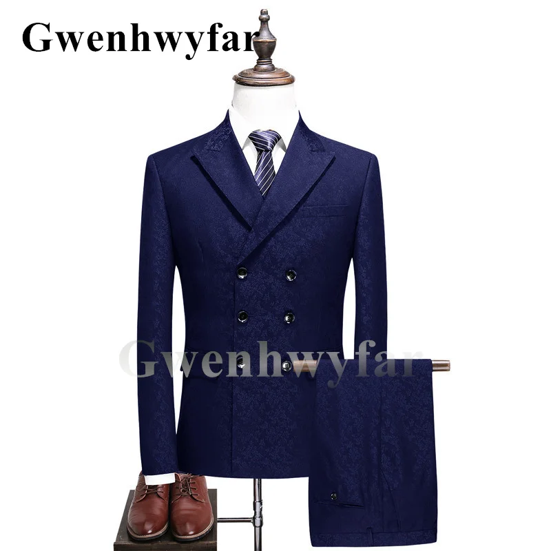 

Gwenhwyfar 2022 New Jacquard Satin Cloth Men's Groom Wedding Suit Business Casual Gentleman Tuxedo Navy Blue Suit 2-piece Suit