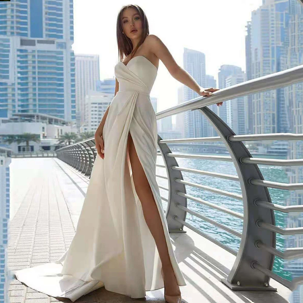 Vestidos de novia elegantes de sirena de satén con bolsillos para mujer, vestido de novia largo plisado personalizado con cordones en la espalda y abertura lateral