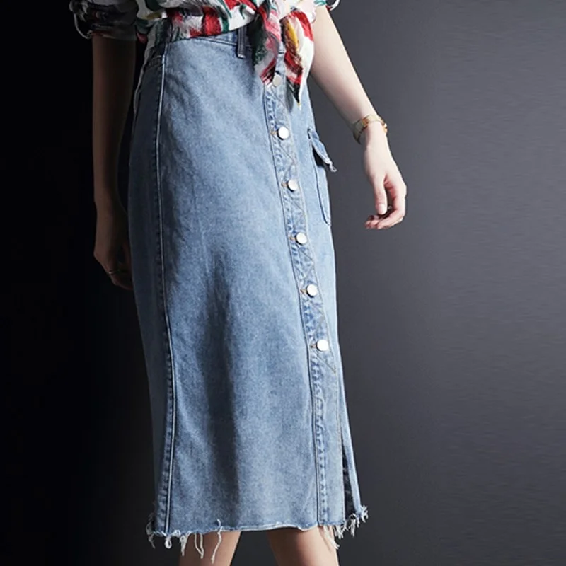 Waist High Single Breasted Pockets Tassel Ladies Denim Skirts Spring Summer Slim Fit Knee Length Female A-Line Skirts Plus Size