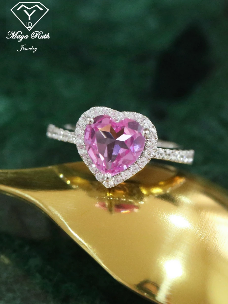Created Pink Sapphire Real 925 Sterling Silver Party Ring For Women Imitation Gemstone Heart Shape Female Love Aesthetic Gifts