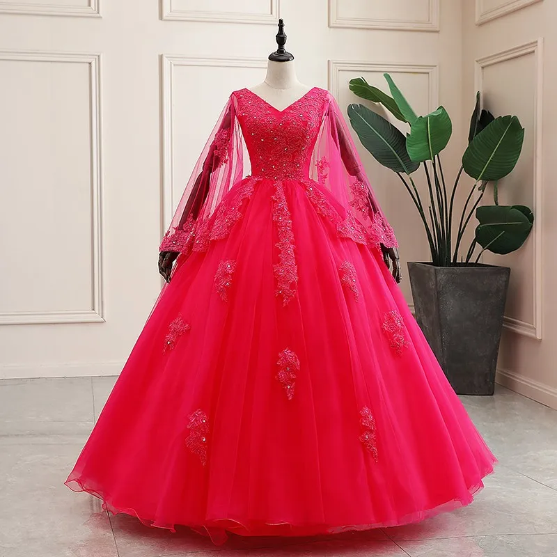 2021 Nieuwe Quinceanera Jurken Lange Mouw Elegante V-hals Party Dress Luxe Kant Baljurk Vintage Prom Dress Aanpassen Grootte