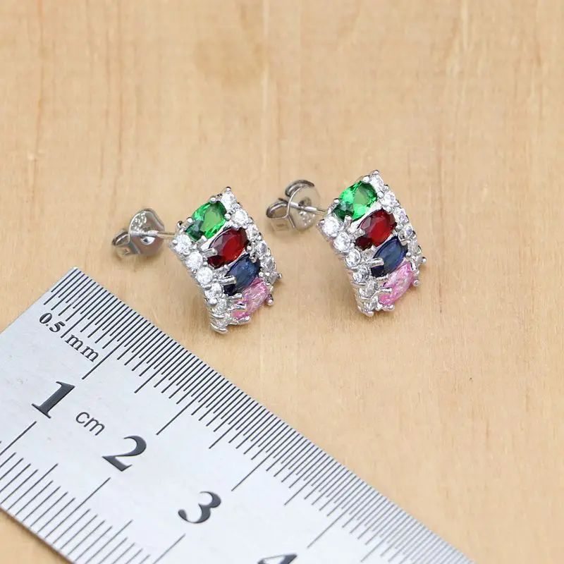 Compact Multicolor Stone 925 Silver Jewelry Sets For Women Wedding Earrings/Pendant/Ring/Bracelet/Necklace Set