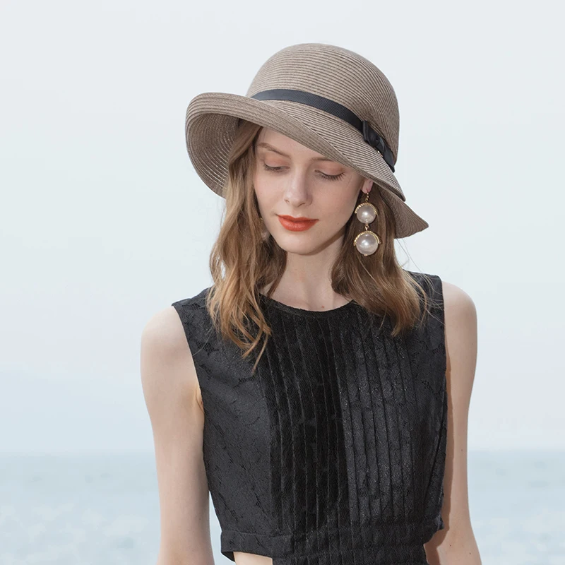 

X1006 Adult Straw Hat Foldable Summer New Dome Wide Brim Bow Sunshade Beach Hat Girls Straw Summer Sun Cap