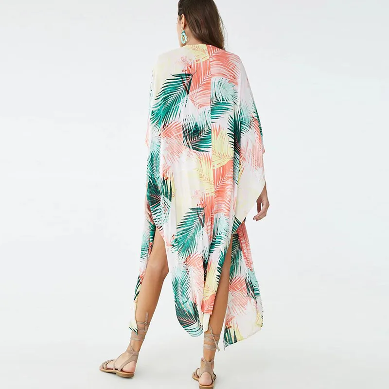 FORERUN Beach Tunic Women Long Kimono Cardigan Wrap Print Summer Dress Bikini Swim Cover Up Saida De Praia Pareo Robe Plage