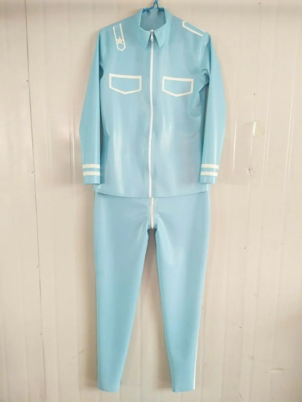 100% Latex Rubber Gummi Catsuit Bodysuit Zentai Light blue Uniformanzug S-XXL