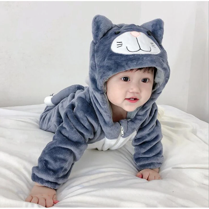 Cute Baby Dark Grey Cat Pajamas Clothing Newborn Infant Rompers Onesie Anime Costume Outfit Hooded Winter Jumpsuit For Boy Girl