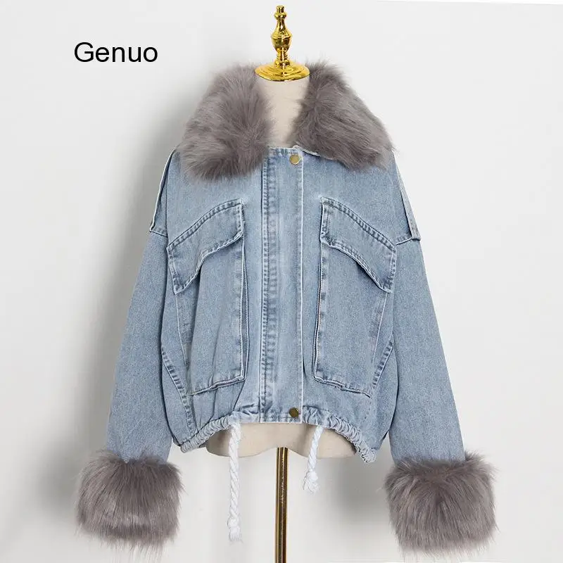 Casual Patchwork Fluff Denim Jacket for Women Hooded Collar Long Sleeve Thick Coats Female Fashion Clothing Winter