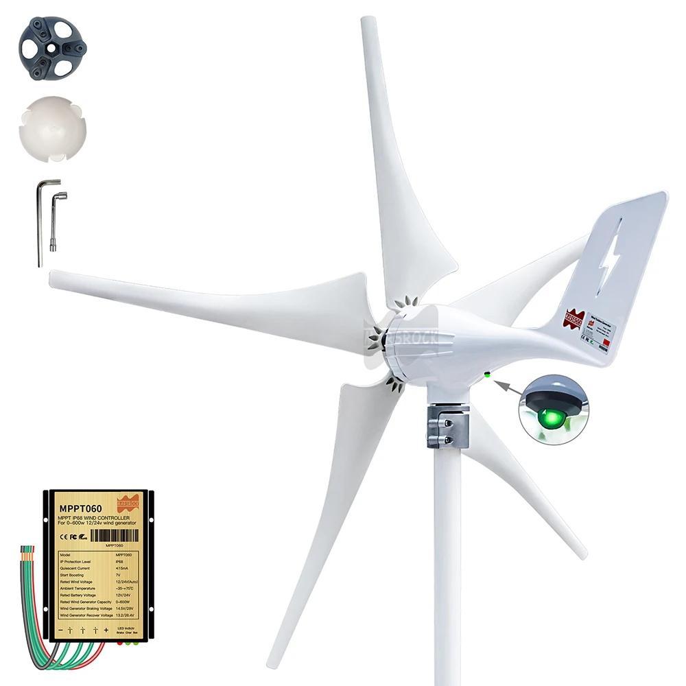 600W 12V 24V Wind Turbine Generator 3 5 Blades Residential AC Hawt Wind Mill with Free MPPT Controller Charging Indicator LED