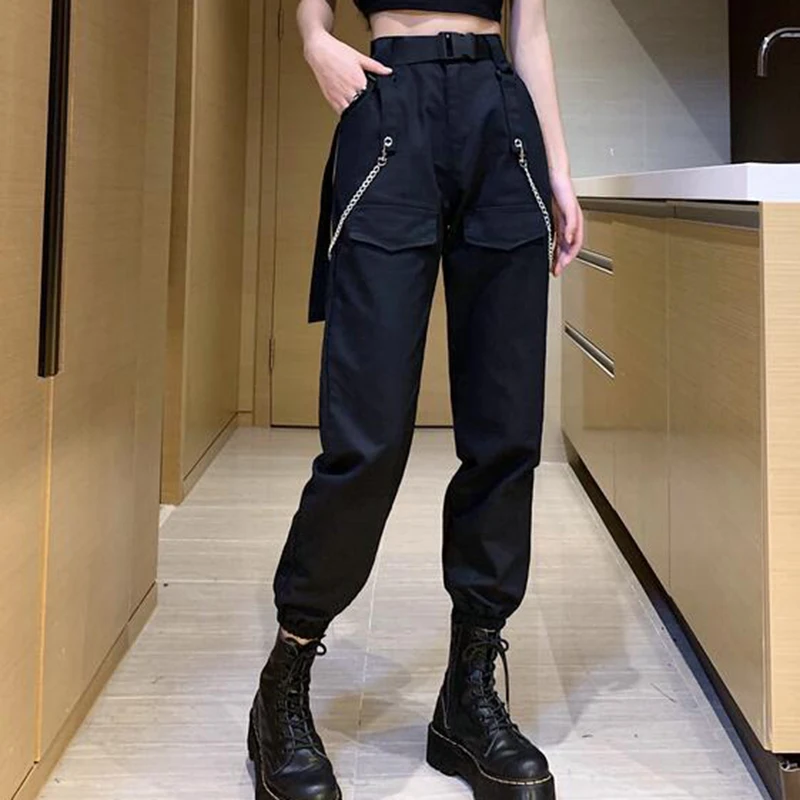 

Cargo Pants with Double Chains for Women Streetwear Casual Joggers High Waist Loose Female Trousers Korean Punk Style Black 2023