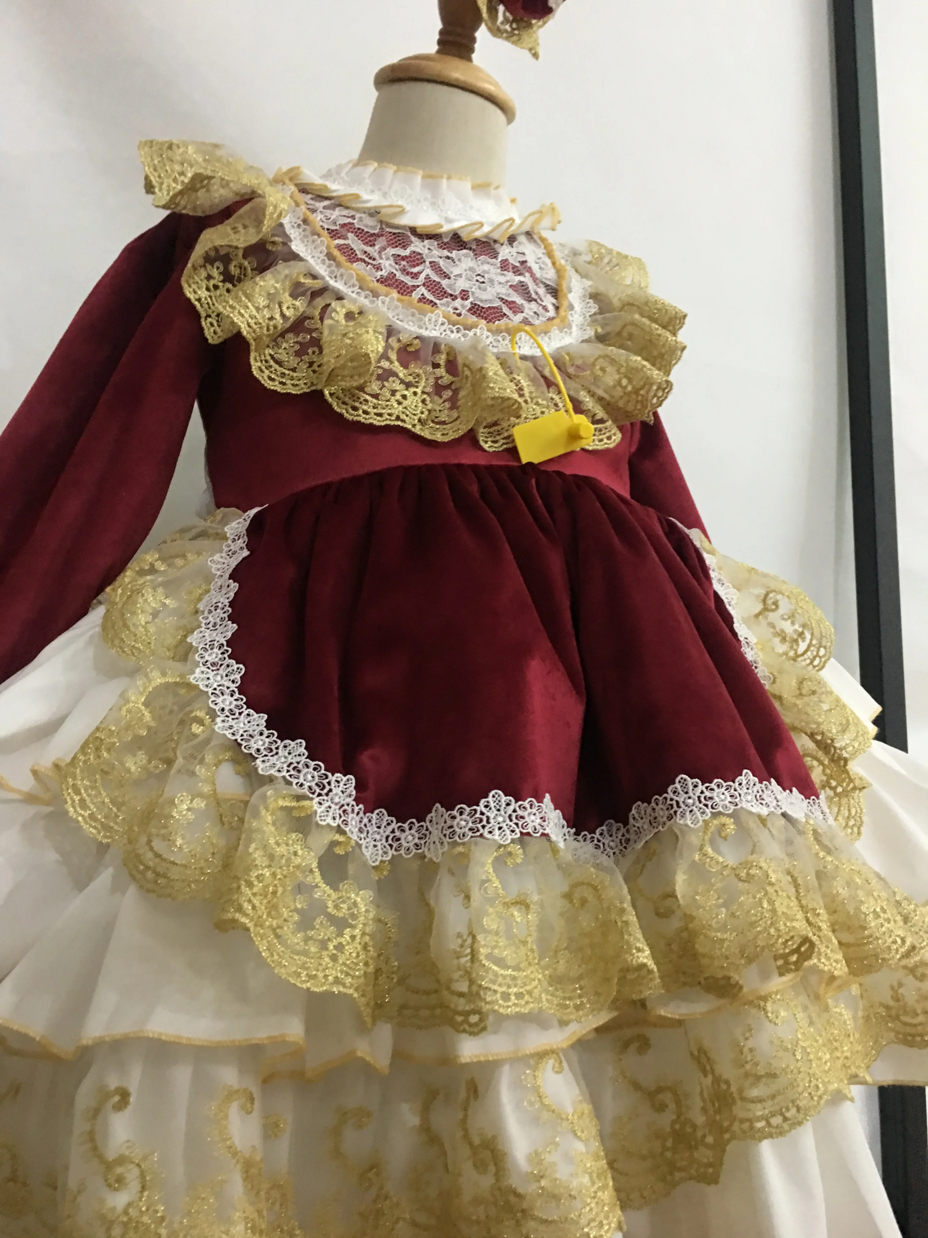 Spanish court  style baby girl velvet princess kids lace stitching party birthday ball gown dress