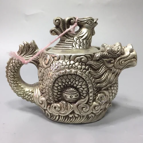 Old China antique White copper Loong Teapot