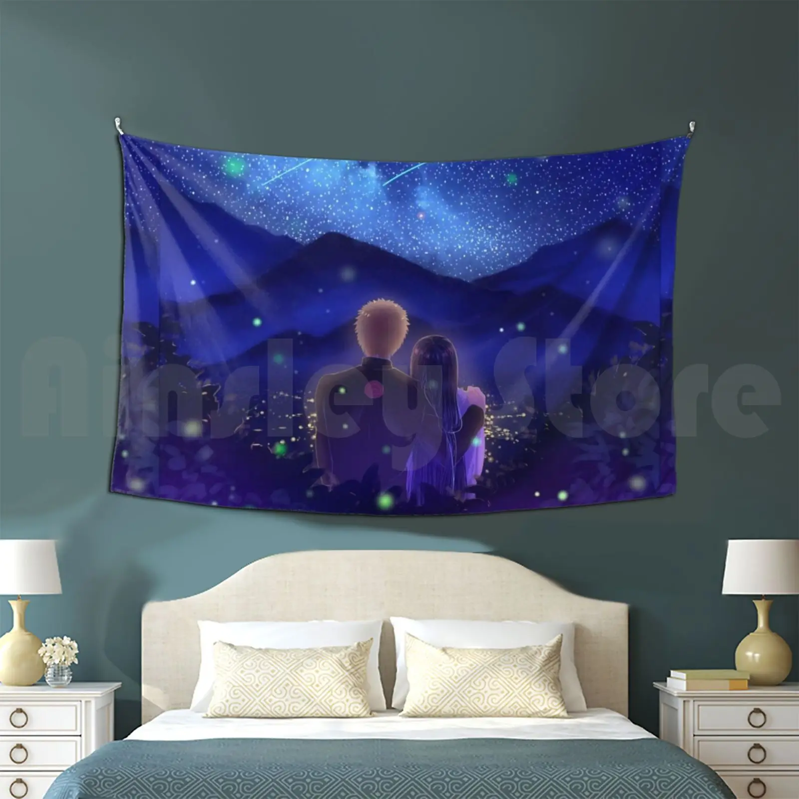 Honey Moon Tapestry Living Room Bedroom Wedding Shonen Aurora Borealis Lovers Japan Landscape Stars Flowers Kage Kyubi