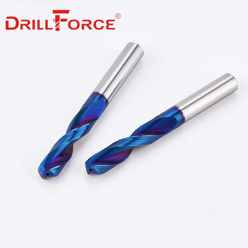 Drillforce 1PC 3mm-16mm HRC65 Solid Carbide Drill Bits, Inner Through Coolant Hole 5D Nano Blue Spiral Flute Twist CNC Drill Bit