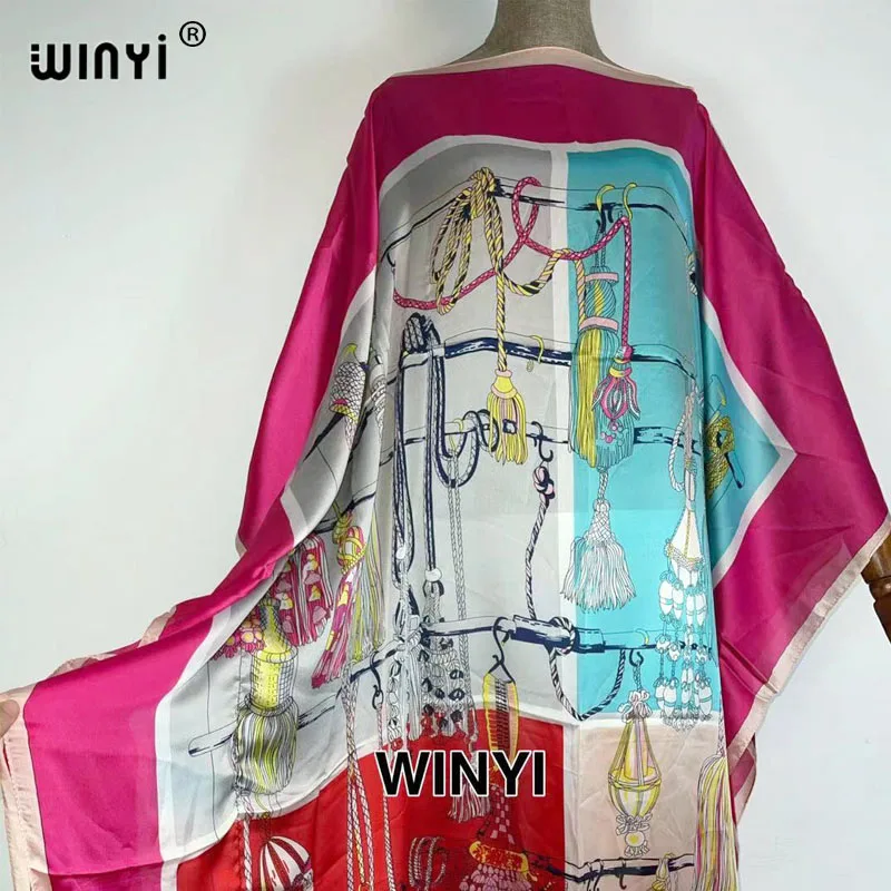 WINYI Fashion Printed Free Size Summer robe Women's silk like kaftan Dashiki African loose Abaya  match scarf BOHO dress