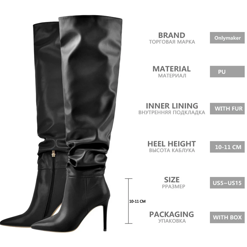 Onlymaker Women Pointed Toe Black White Over The Knee High Boot Stiletto Stretch Big Size Woman Autumn Winter  Fashion Boots