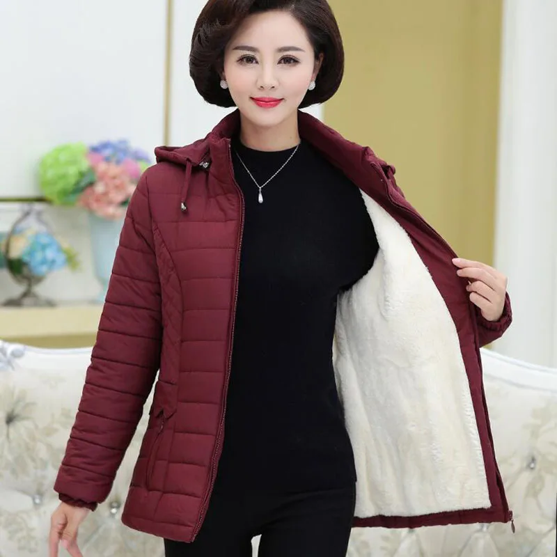 Middle-aged Women\'s Parkas Basic Jackets Autumn Winter Add Velvet Lamb Hooded Coats Cotton Winter Jacket Womens Mama Overcoat