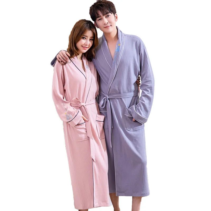 Spring Autumn 100% Cotton Plain Color Bathrobes Embroidery Robes Unisex Long-sleeve Sleepwear Water Absorption Bathrobe Pijamas