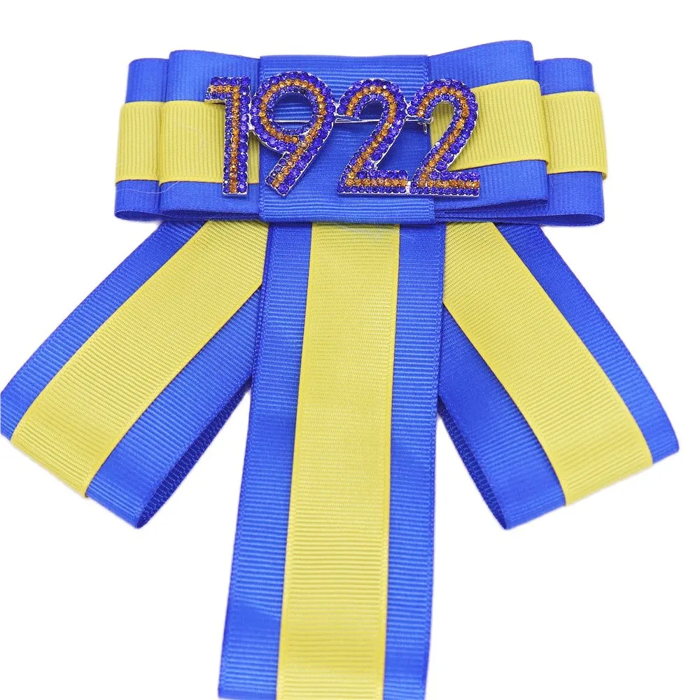 Great Quality Blue Yellow Ribbon Bowtie Outfit Women Soror Pin Jewelry Crystal Diamond Number 1922 Torch Sigma Brooches Custom