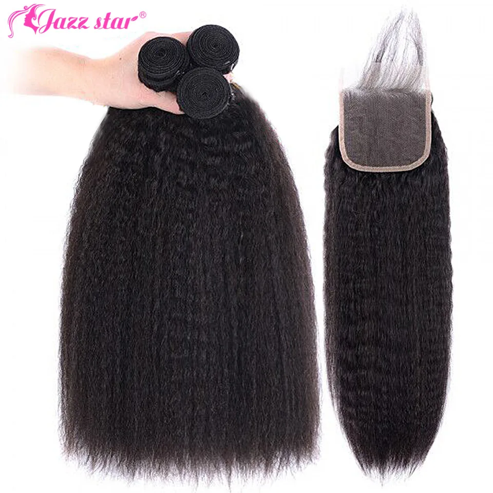 

Kinky Straight Human Hair Bundles with Closure Peruvian 3 Bundles with 4x4 Closure Non-Remy Hair Extensions Human Hair