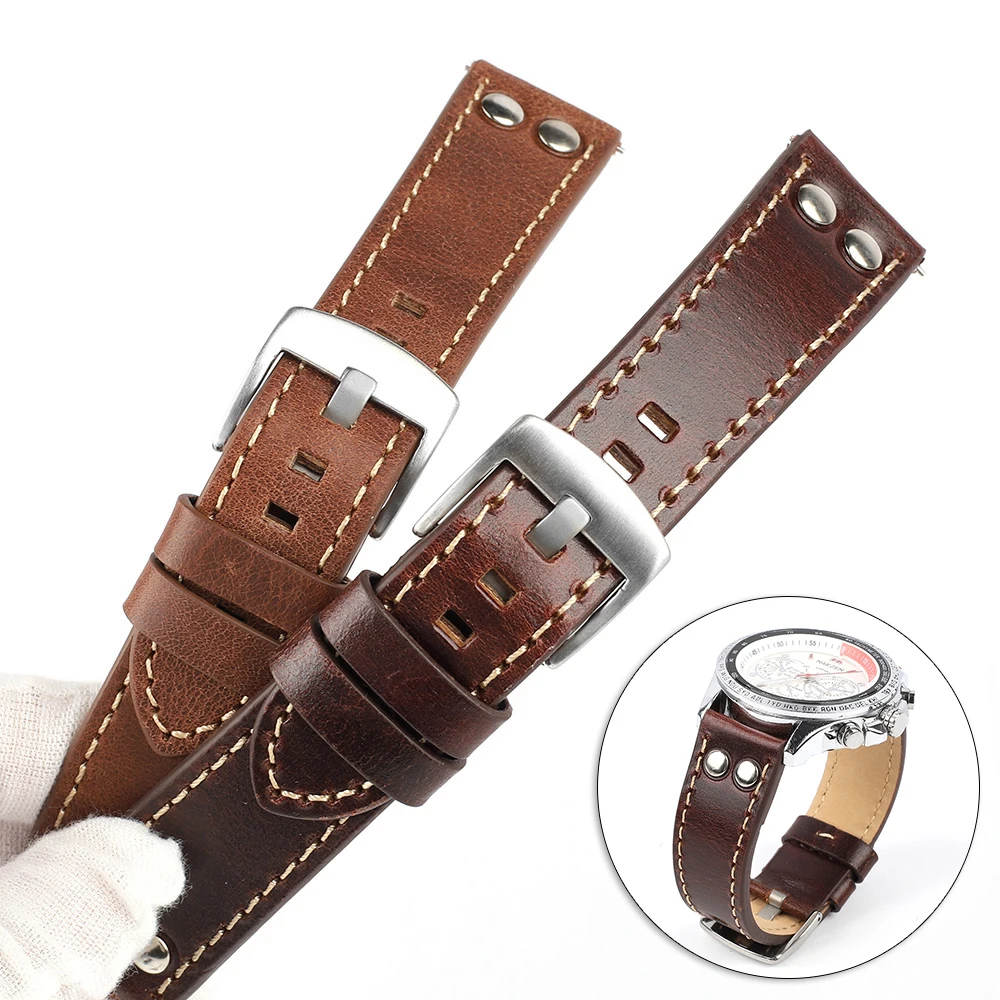 Double Row Hole Leather Straps 20mm 22mm High Quality Genuine Leather Rivets Watchband Men Replacement Watch Strap Bracelet