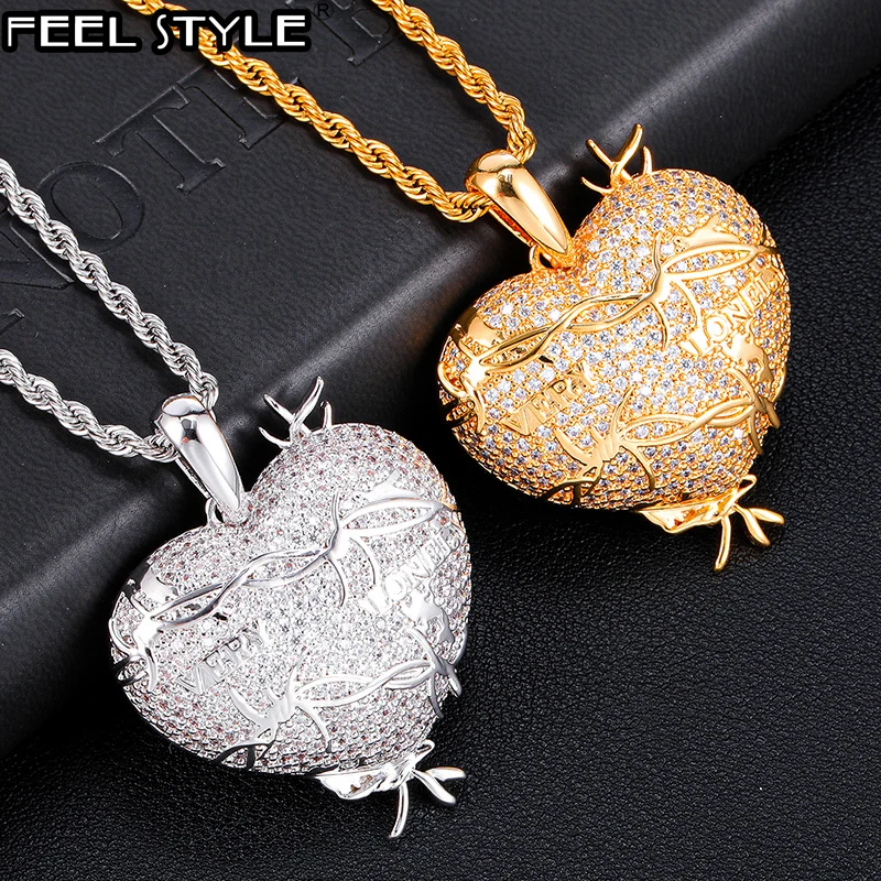 Hip Hop Iced Out Bling Rapper Cubic Zirconia Heart Shape Necklaces & Pendants For Men Women Rapper Jewelry With Solid Back