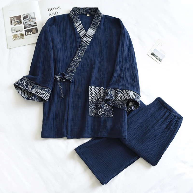 2023 2pcs men japanese style home clothing sets kawaii printed kimono yukata cotton steaming wear pajamas men bathrobe nightgown