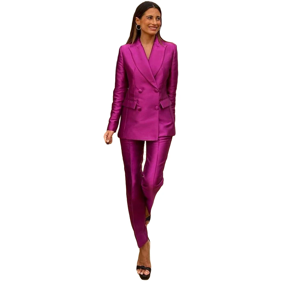 Classic Purple Women Blazer Suits Double Breasted Peaked Lapel Slim Fit 2 Pieces Pants Set Office Lady Casual Custom Made