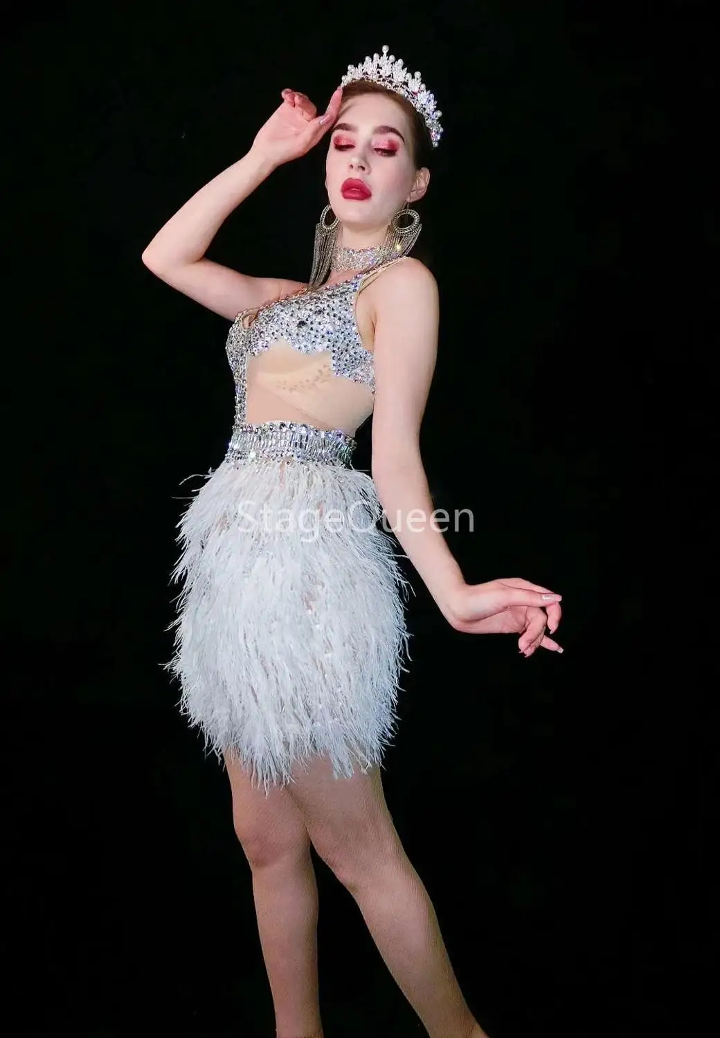 Silver Rhinestones Transparent White Feather Dress Dance Celebrate Dress Outfit Women's Birthday Bar Prom Party DS DJ Dress