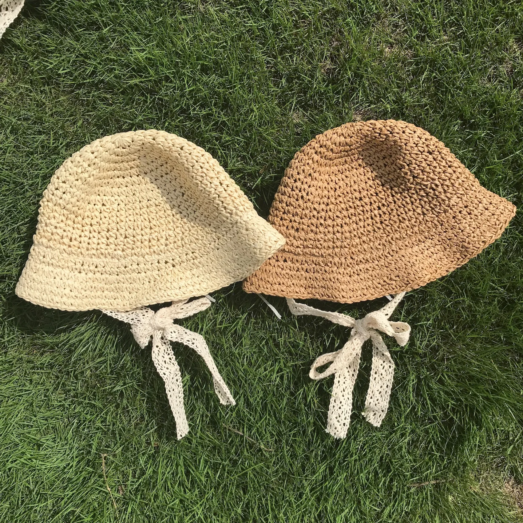 Sombreros de paja coreanos para bebé, niño y niña, sombrero de ganchillo con correa de encaje, plegable, hecho a mano, para el sol y la playa