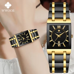 WWOOR-relojes de cuarzo japoneses para mujer, reloj cuadrado de acero inoxidable, resistente al agua, marca superior, negro y dorado