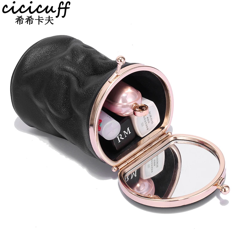 Makeup Case Small Portable Genuine Leather Lipstick Storage Pouch with Mirror Perfume Jewelry Organizer Pocket Mini Cosmetic Bag