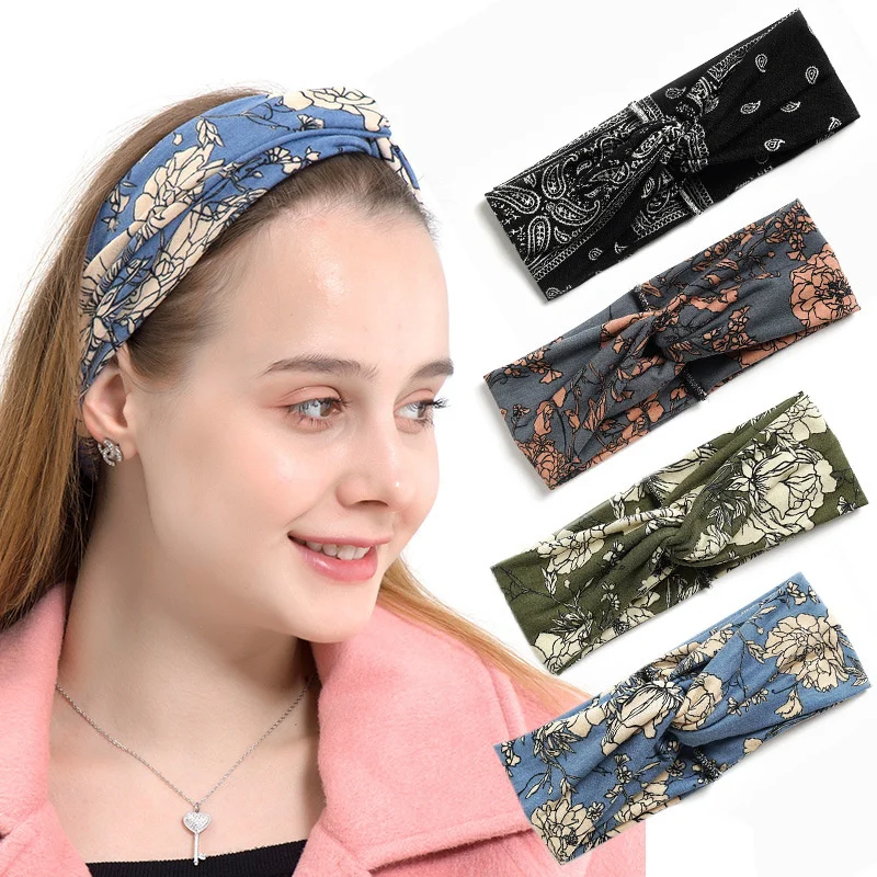 Fashion Women Girls Summer Bohemian Hair Bands Print Headbands Vintage Cross Turban Bandage Bandanas HairBands Hair Accessories