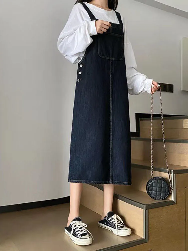 Denim suspender skirt female student Korean version loose 2021 spring and summer age reduction all-match mid-length denim dress