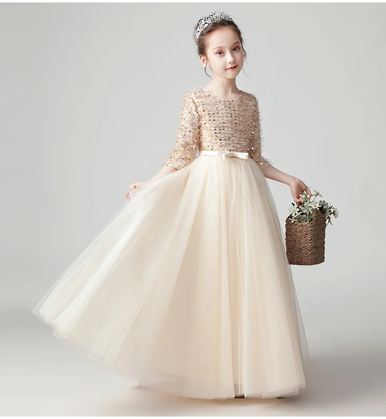 Champagne Tulle Flower Girl Wedding Dress Long Dresses Sequin Girls Pageant Birthday Clothing Kids First Communion Princess Gown