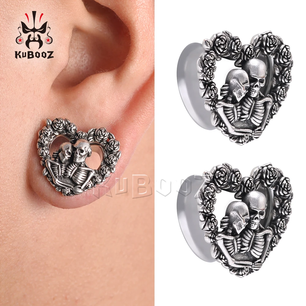 KUBOOZ Unique Stainless Steel Heart Shape Rose Skull Ear Tunnels Gauges Body Piercing Jewelry Earring Expanders Stretchers 2PCS