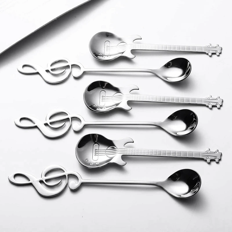 Cucharas de yo-café calientes, paquete de 6 cucharas creativas y bonitas de acero inoxidable con forma de notación Musical del personal (3 + 3 notas musicales guitarras)