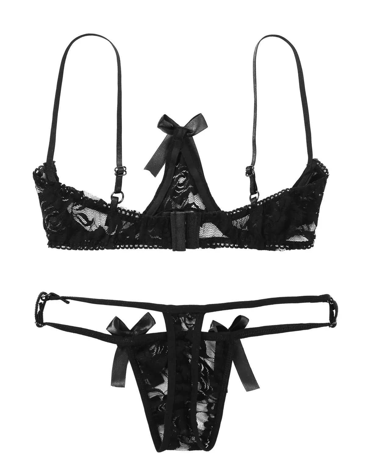 Womens Transparent Lace Lingerie Set Adjustable Straps Bare Exposed Breasts Underwired Shelf Bra with Low Rise G-string Briefs