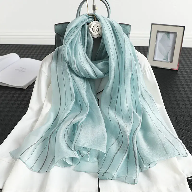 New 2024 Brand Real Silk Wool Scarf For Women Winter Stripe Scarves Shawls Hijab Wraps Pashmina Bandana Foulard Wholesale 