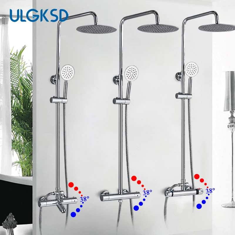 ULGKSD Thermostatic Bathroom Shower Faucet Rainfall Shower Head Thermostatic Shower Kit Dual Handles Wall Mounted Mixer Taps