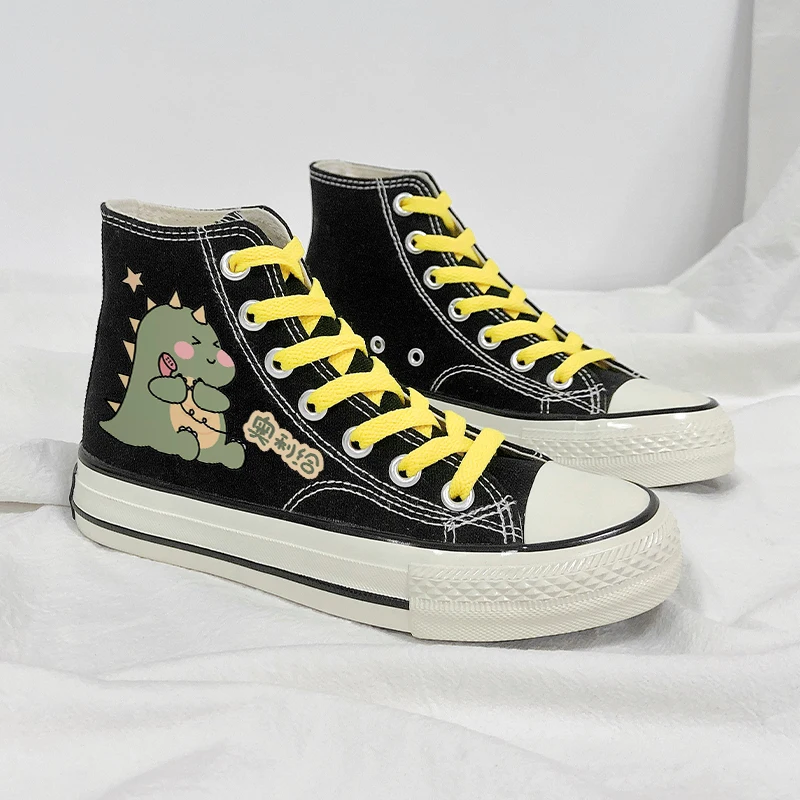 Amy and Michael Fashion Anime Cartoon Dinosaur Sneakers Women Students High Top Black Canvas Shoes Lovely Cute Vulcanize Shoes