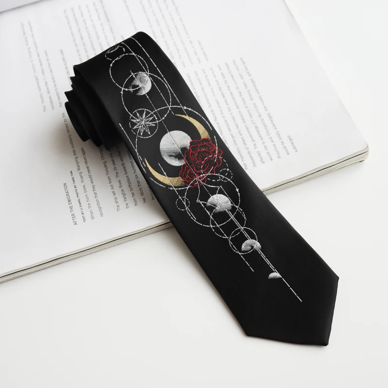 Free Shipping New men\'s Original design female students personality gift necktie [Moon Flower] Hot Silver Black Tie Moon Phase