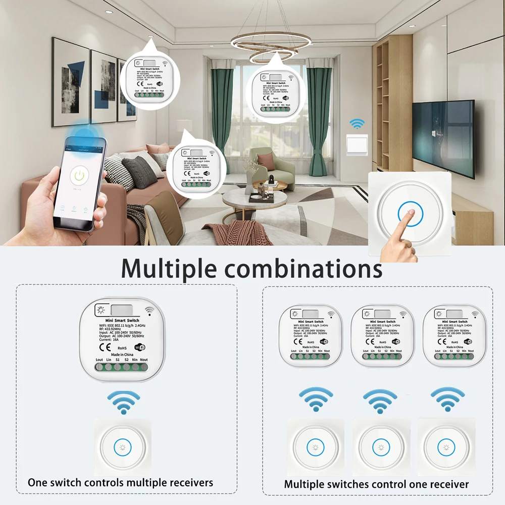 Tuya Smart Home Wifi Mini Light Switch 220V 16A With RF Remote Control Self Power Wall Switch Smart Life With Alexa Google Home