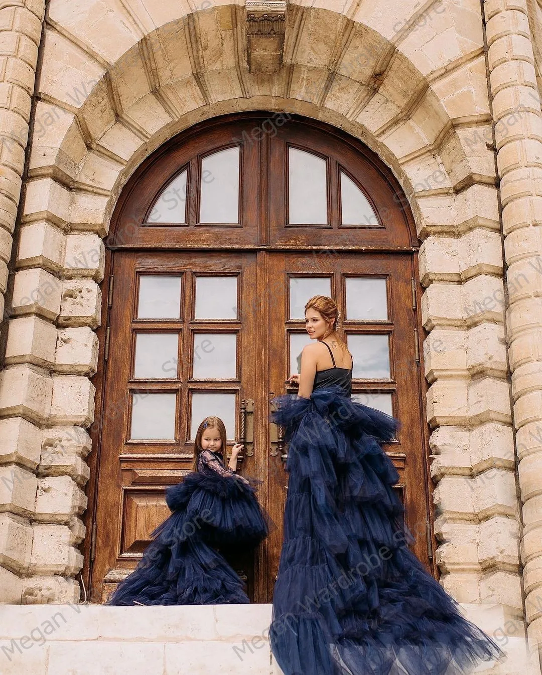 Navy Blue Extra Puffy Hi Low Tiered Ruffles Tulle Long Skirts With Train For Mom & Daughter Photo Shoot Custom Made Mommy & Me