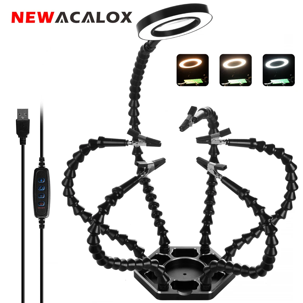 NEWACALOX stół warsztatowy do napraw spawalniczych z 3X USB lupa LED uchwyt PCB narzędzie do lutowania trzecia pomocna dłoń 6 sztuk elastyczne ramiona