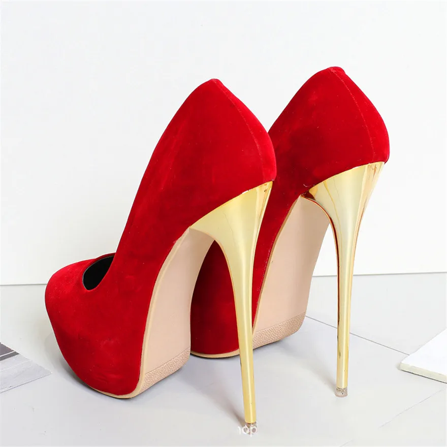 Women Red Wedding Shoes Autumn Fashion Platform Shallow Female Pumps Soft Flock Round Toe Super High Heels Party Shoe Size 41-47