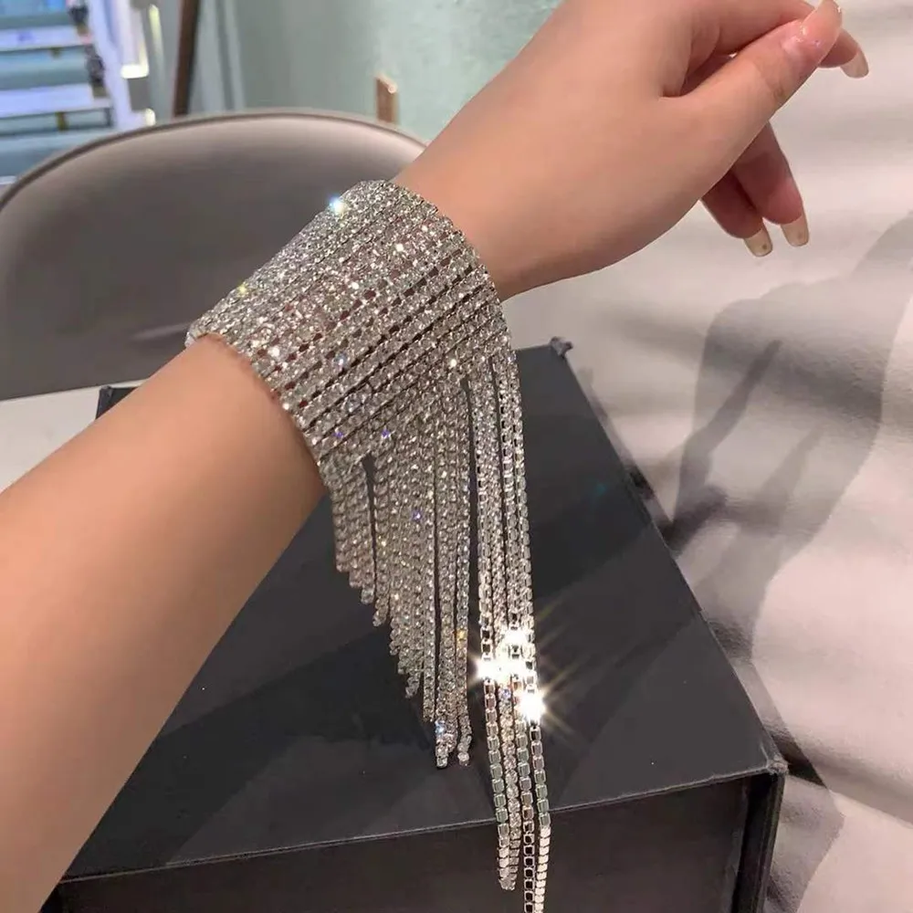 Super Shiny Rhinestone Long Fringed Tassel Bracelet Hand Jewelry for Women Luxury Crystal Chain Bridal Wedding Bracelets Gift