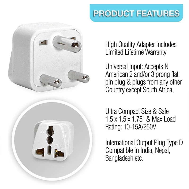 GMET India Travel Plug Adapter (Type D) for Pakistan, Nepal, Bangladesh - 3 Pack [Grounded & Universal] (GP-10-3PK)
