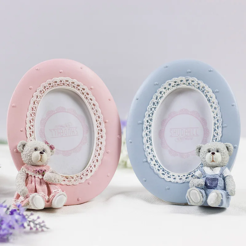 European Cute Teddy Tear With Lace Border Design Oval Square Shape 2x2 2.5x3.5 Pink Blue Resin Tabletop Baby Picture Photo Frame