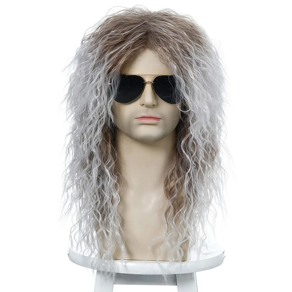 Men Long Curly Synthetic Wigs for Men\'s Cosplay Wig Mixed Male Curly Hair Heat Resistant Vintage Rock Show Wig Actor Props