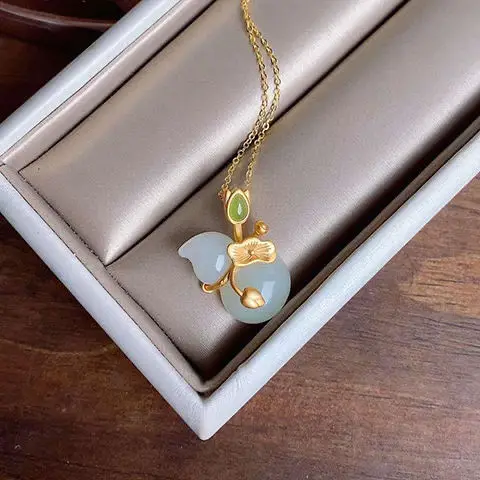 New silver inlaid natural Hetian jade necklace Chinese style retro lotus leaf gourd Pendant Light luxury charm women\'s jewelry